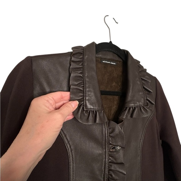 Michael Simon chocolate Brown Lamb Leather/Sweater Long Sleeve Jacket Ruffle S - Picture 5 of 13